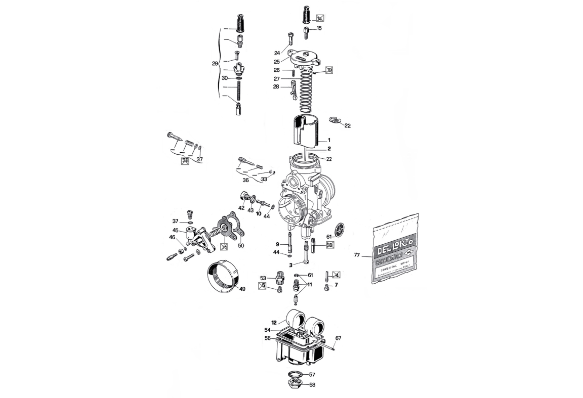 Exploded view Pièces carburateur Dell'orto PHF 34 DD (Cod. 4665)
