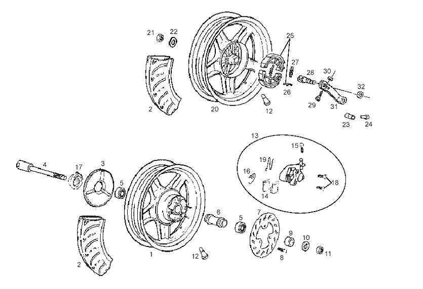 Exploded view Voorwiel - achterwiel 
