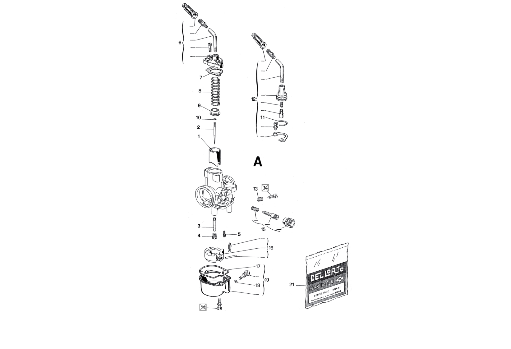 Exploded view Carburateuronderdelen Dell'orto PHVB 19 DD (Cod. 1179)