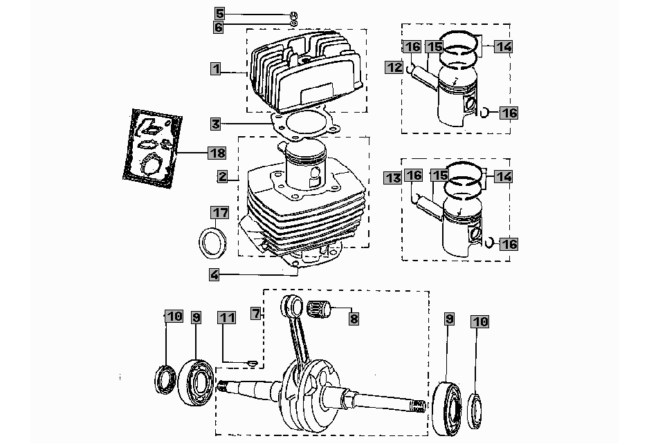 Exploded view Vilebrequin - Cylindre - Piston