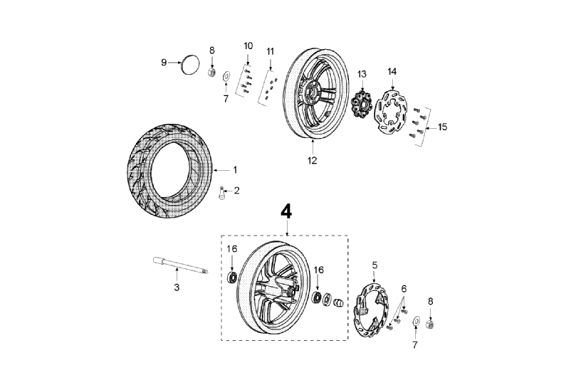 Exploded view Voorwiel - Achterwiel