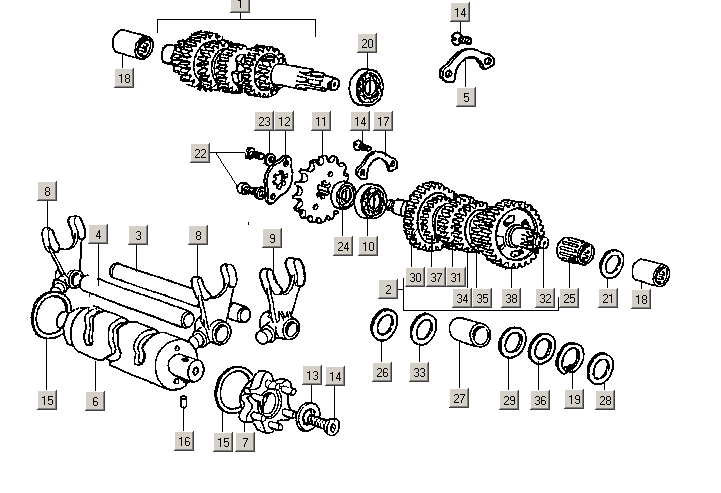 Exploded view Transmission - Pinion front
