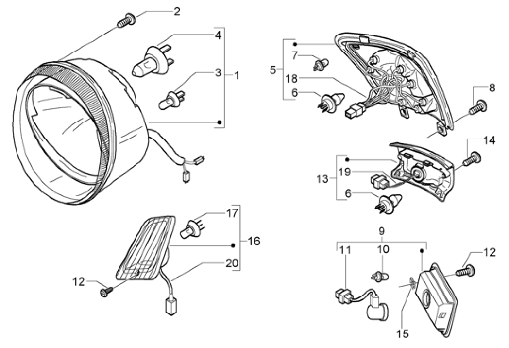 Exploded view Headlight - Indicator front - Rear light