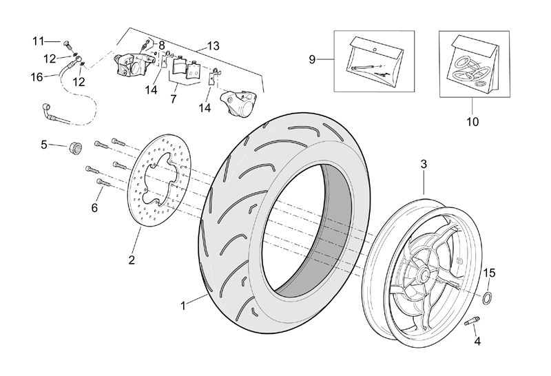 Exploded view Achterwiel - Velg - Remklauw
