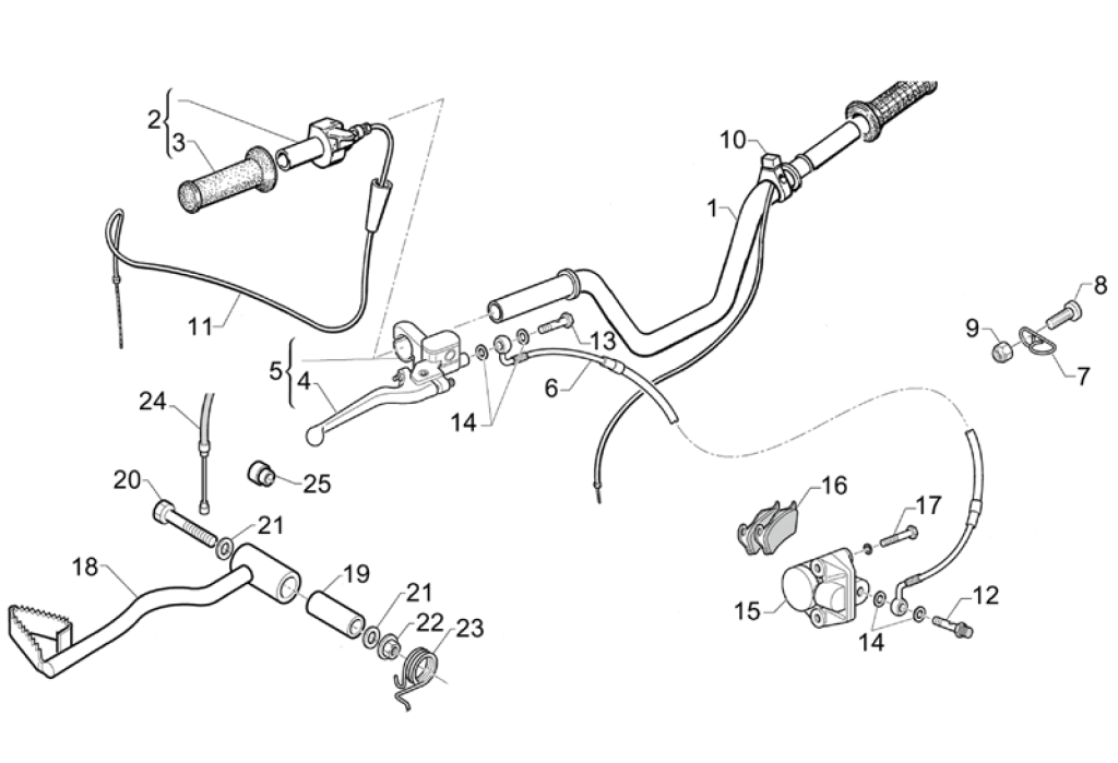 Exploded view Gas cable - Handle - Brake lever - Brake caliper