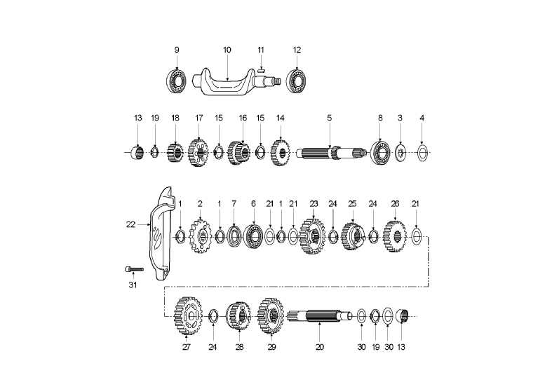 Exploded view Transmission - Sprocket front (untill march 2010)