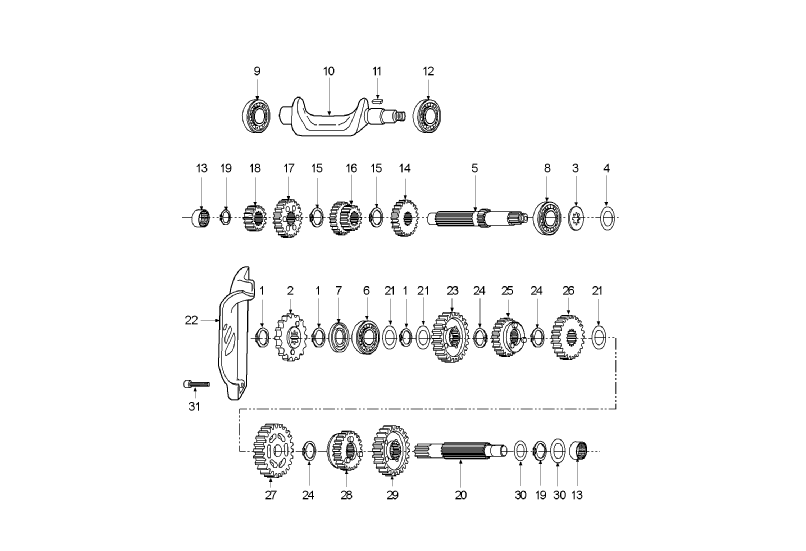 Exploded view Transmission - Sprocket front (from march 2010)