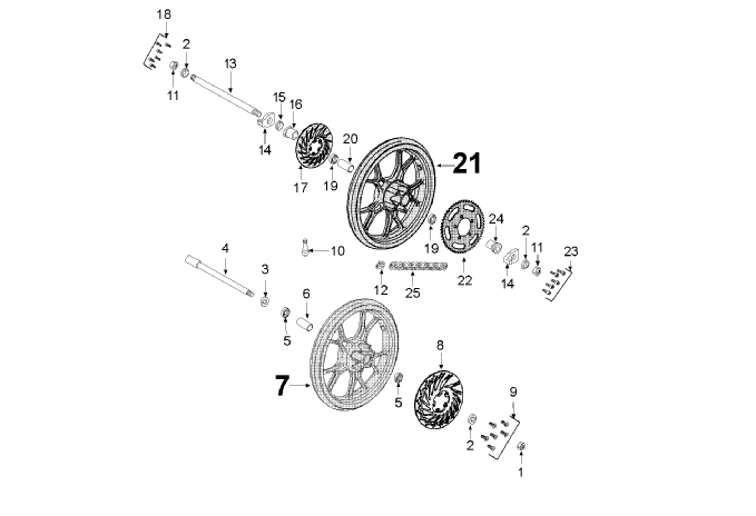 Exploded view Front wheel - Rear wheel