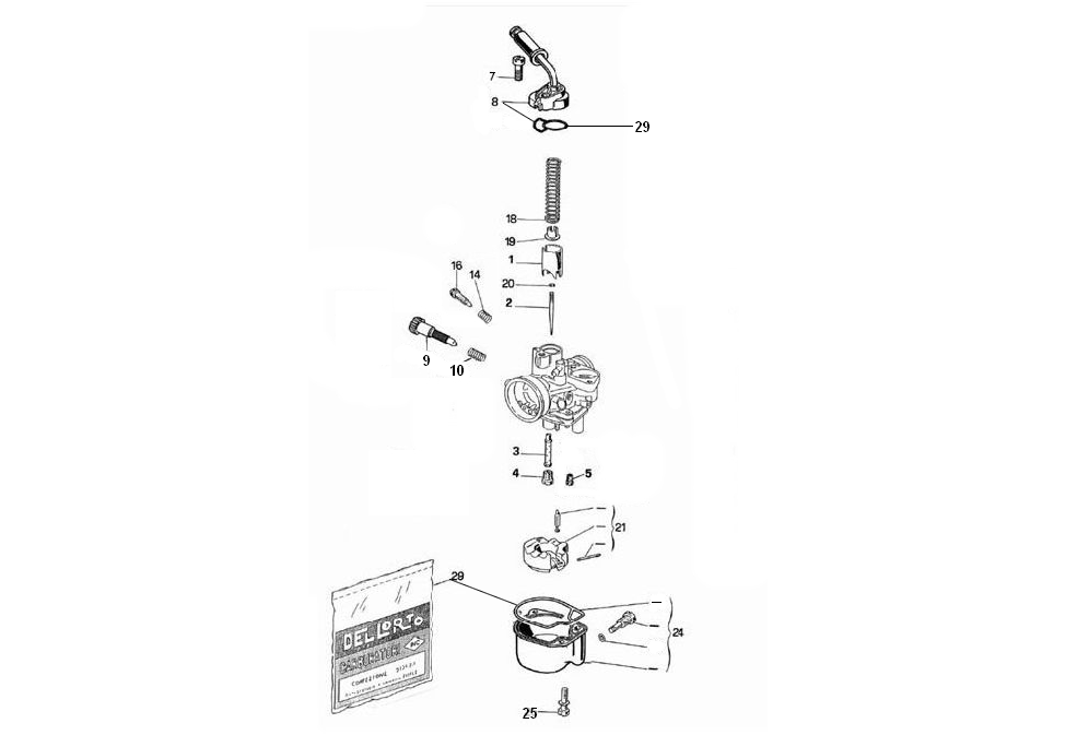 Exploded view Pièces carburateur Dell'orto PHVA 12 QD (Cod. 8402)