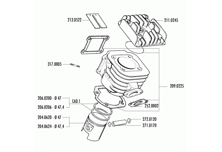 Exploded view Cylinder - Piston (166.0054- 166.0074)