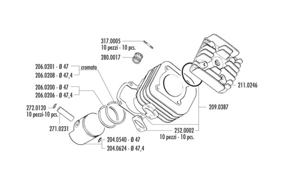 Exploded view Cylinder - Piston (166.0076/R)