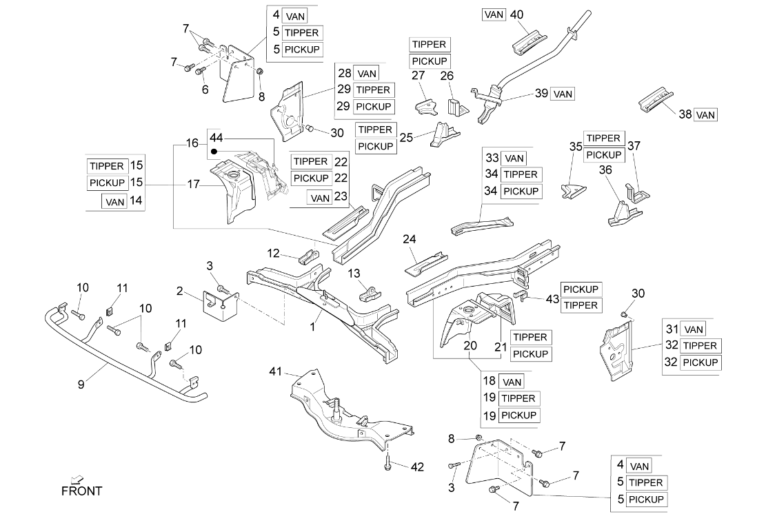 Exploded view Front Chassis/body