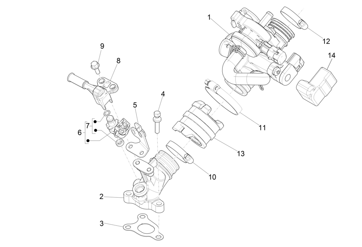 Exploded view Throttle body - Injector - Induction joint