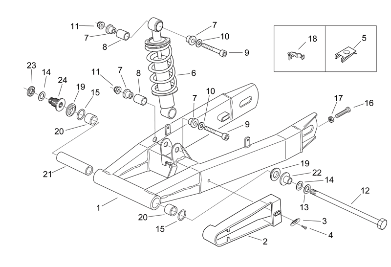 Exploded view Swinging arm - Shock absorber rear