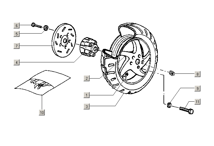 Exploded view Achterwiel - Velg - Remschijf