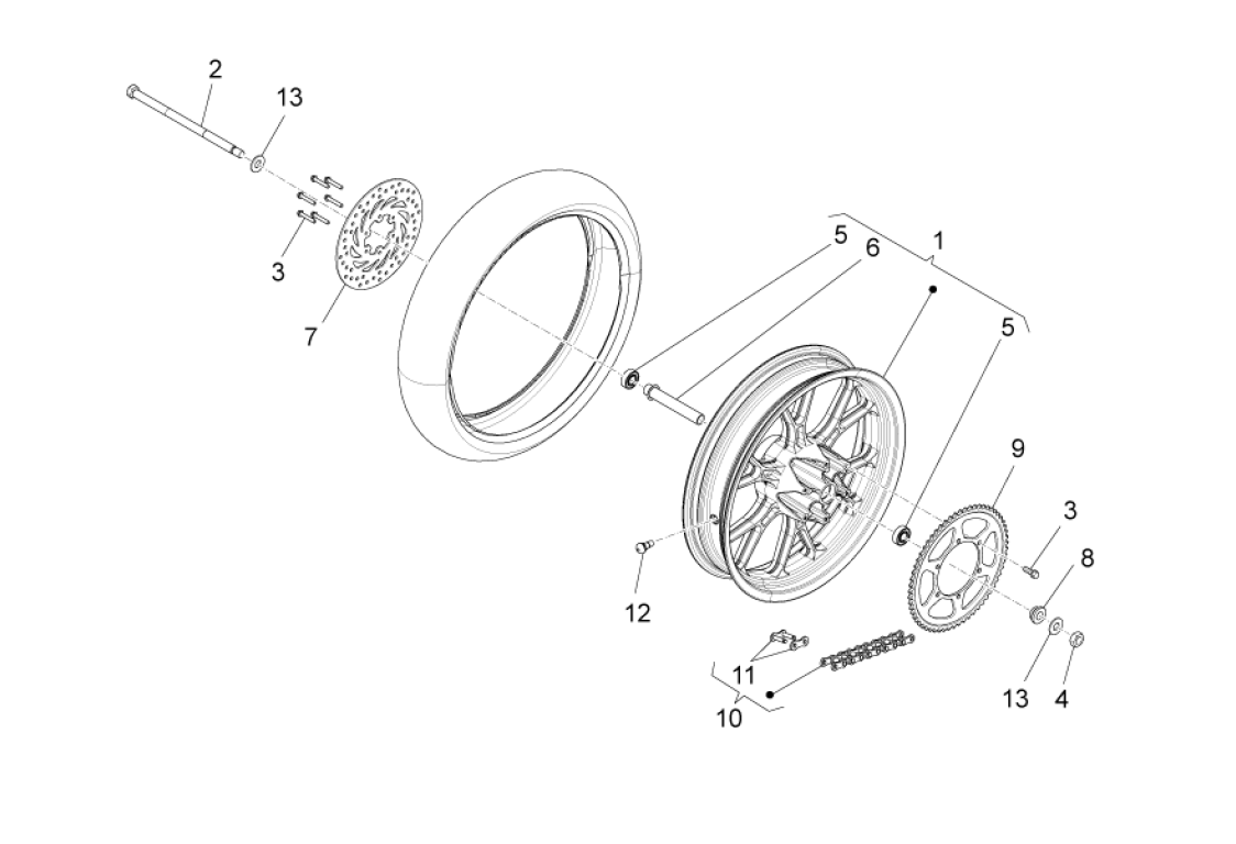 Exploded view Achterwiel - velg - remschijf achter