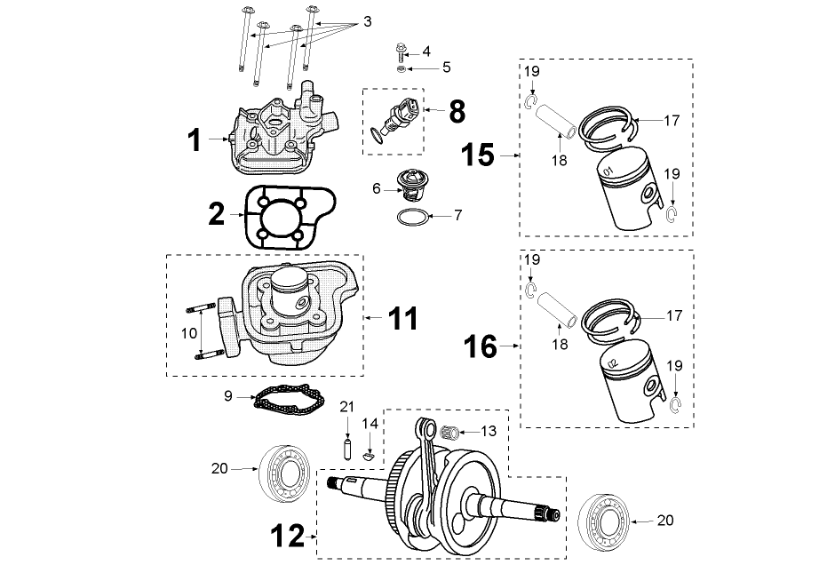 Exploded view Krukas - Cilinder - Zuiger (Mahle)