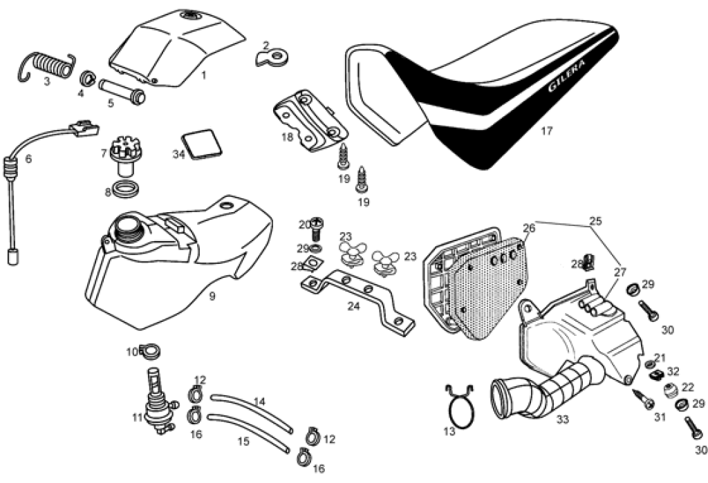 Exploded view Fuel tank - Air filter - Two seat saddle
