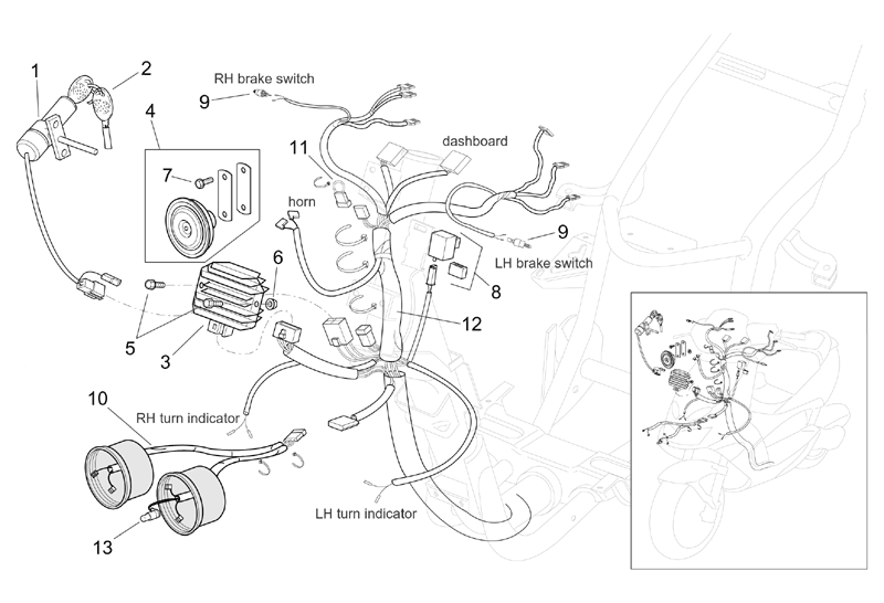Exploded view CDI - Regulator - ignition coil - Battery