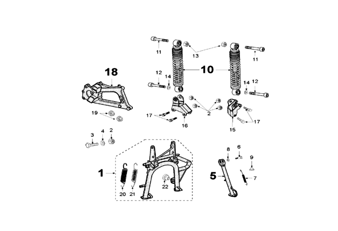 Exploded view Swinging arm - Shock absorber rear - Main stand