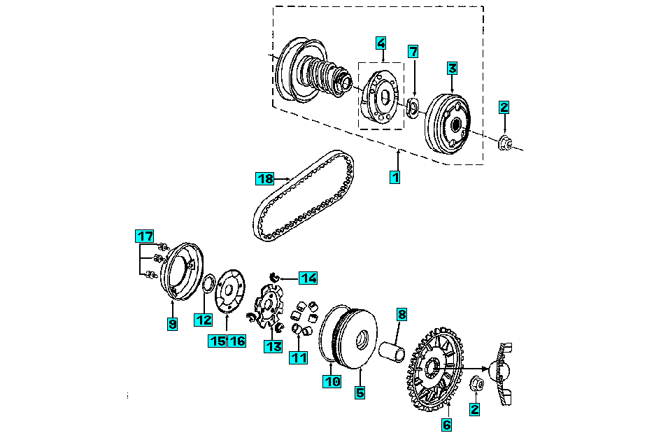 Exploded view Variateur - Embrayage (4 trous)