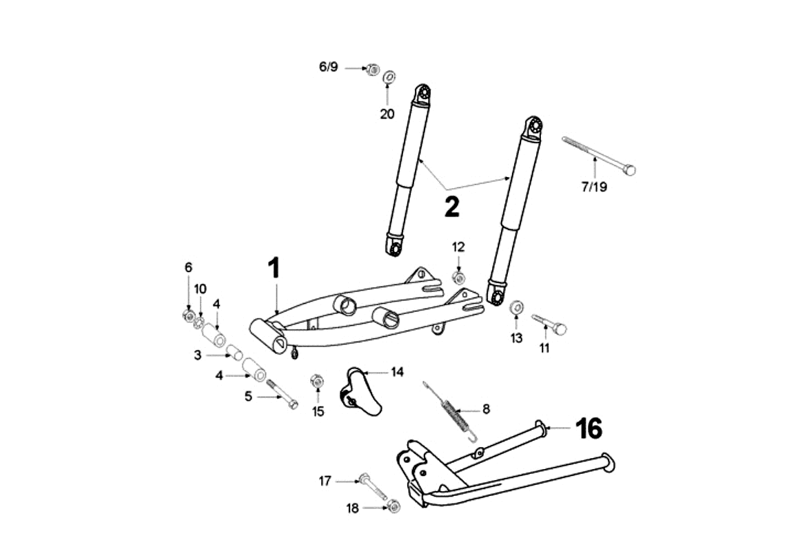 Exploded view Swinging arm - Shock absorber rear - Main stand