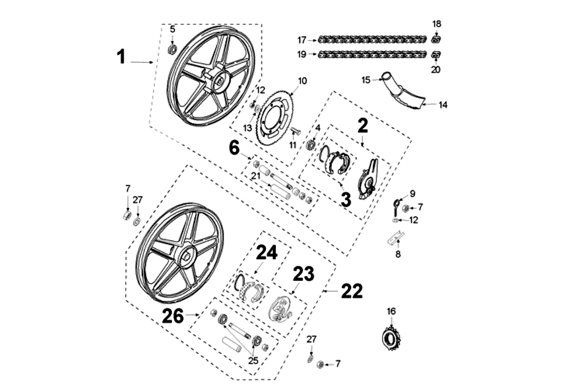 Exploded view Front wheel - Rear wheel