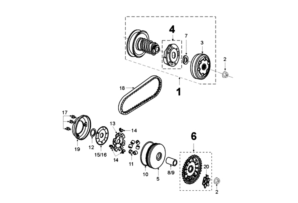 Exploded view Variator - Clutch (6 hole)