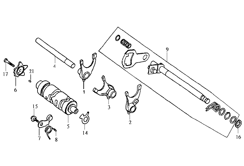 Exploded view Schakel handle