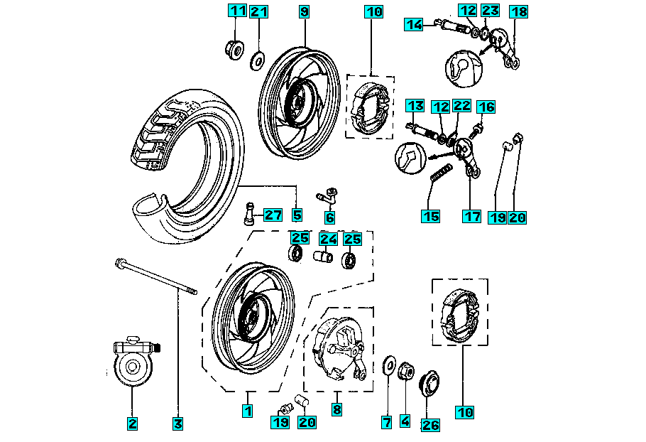 Exploded view Voorwiel - Achterwiel - Velg