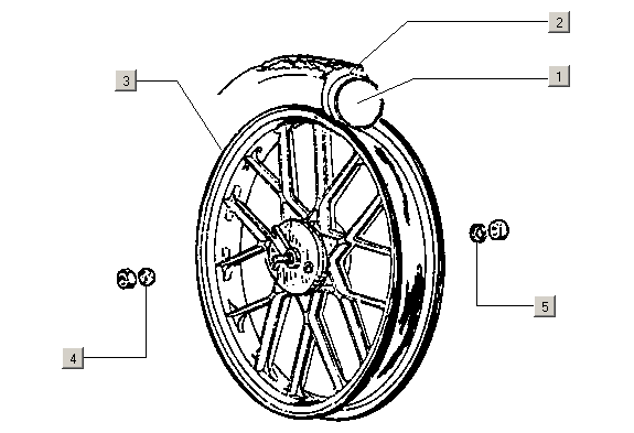 Exploded view Front wheel - Rim - Brake disc
