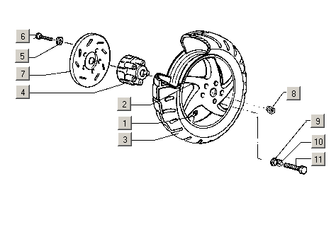 Exploded view Achterwiel - Velg - Remschijf